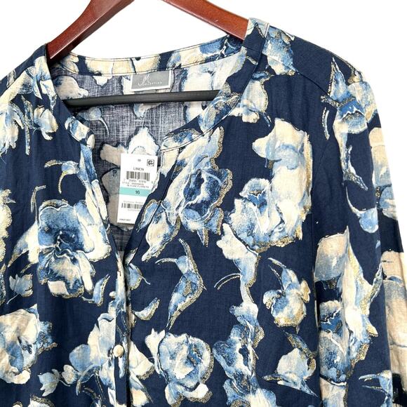 NEW NWT JM Collection SZ 16 100% LINEN Metallic Sparkly Blouse Shirt Top Blue - Picture 6 of 13